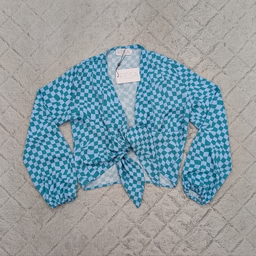 RESA Top Womens S Blue Rio Geometric Luna Front Tie Closure Crop Matte Satin